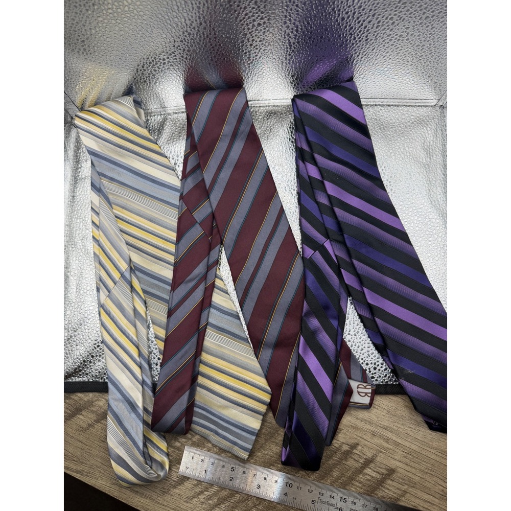 Lot of 3 Silk Ties Calvin Klein Bill Blass Striped Purple Burgundy Yellow Mens